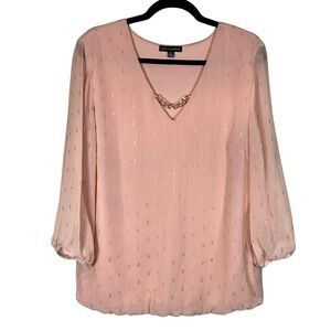 Sara Michelle Blush Top with Gold Details Sheer Sleeves Lined Gathered bottom